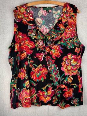 Lauren Ralph Lauren Floral Sleeveless 3X Ruffles V-Neck LRL Black Vibrant Colors